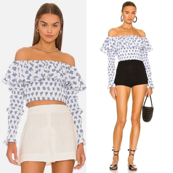 Caroline Constas Floral Off Shoulder Long Sleeves Lydia Top in Blue Toile Spot